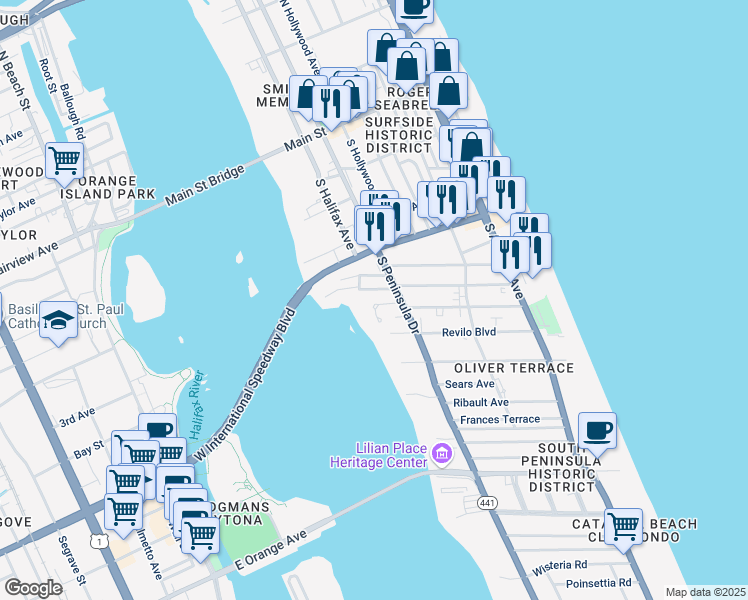 map of restaurants, bars, coffee shops, grocery stores, and more near 110 Braddock Avenue in Daytona Beach