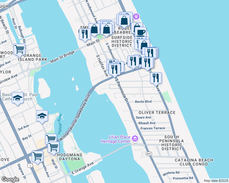 map of restaurants, bars, coffee shops, grocery stores, and more near 110 Braddock Avenue in Daytona Beach