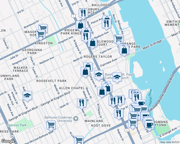 map of restaurants, bars, coffee shops, grocery stores, and more near 330 Michigan Avenue in Daytona Beach
