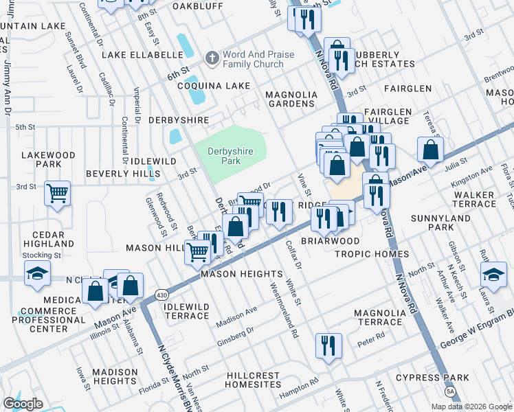 map of restaurants, bars, coffee shops, grocery stores, and more near 848 White Court in Daytona Beach