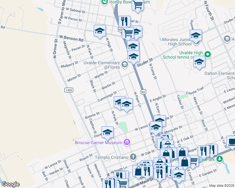 map of restaurants, bars, coffee shops, grocery stores, and more near 221 Cummings Street in Uvalde