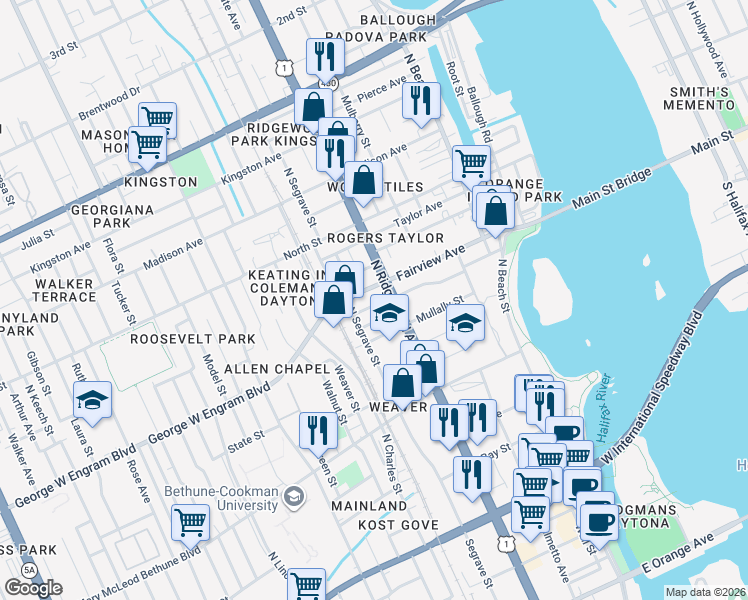 map of restaurants, bars, coffee shops, grocery stores, and more near 330 Michigan Avenue in Daytona Beach