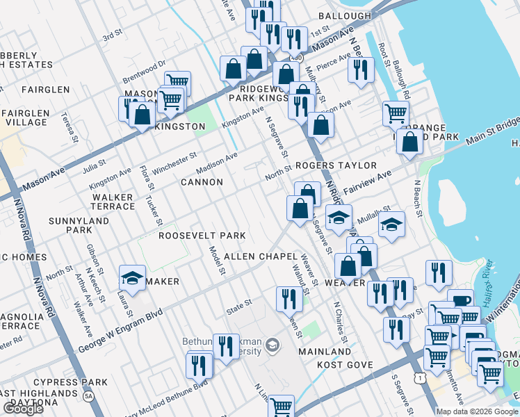 map of restaurants, bars, coffee shops, grocery stores, and more near 464 North Charles Street in Daytona Beach