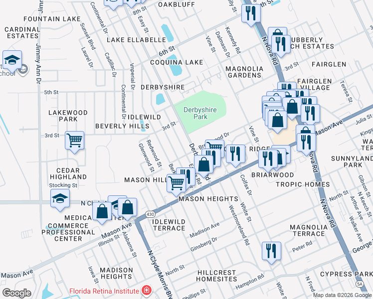 map of restaurants, bars, coffee shops, grocery stores, and more near 824 Derbyshire Road in Daytona Beach