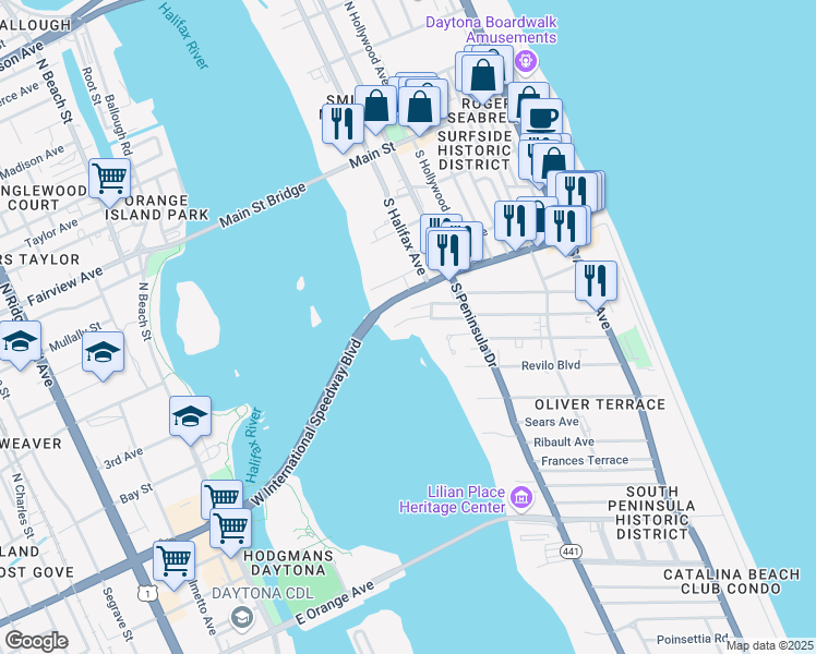 map of restaurants, bars, coffee shops, grocery stores, and more near 18 Goodall Avenue in Daytona Beach