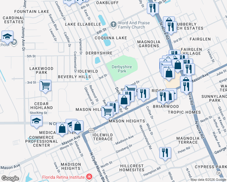 map of restaurants, bars, coffee shops, grocery stores, and more near 824 Derbyshire Road in Daytona Beach