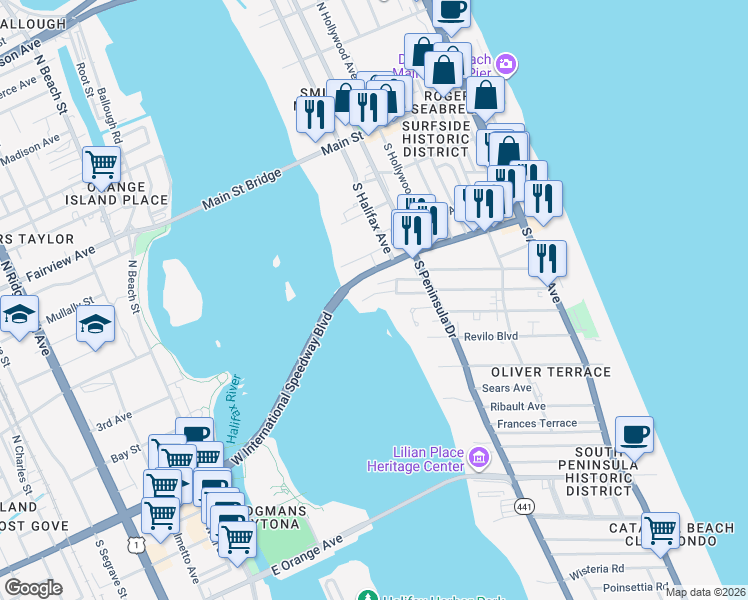 map of restaurants, bars, coffee shops, grocery stores, and more near 18 Goodall Avenue in Daytona Beach