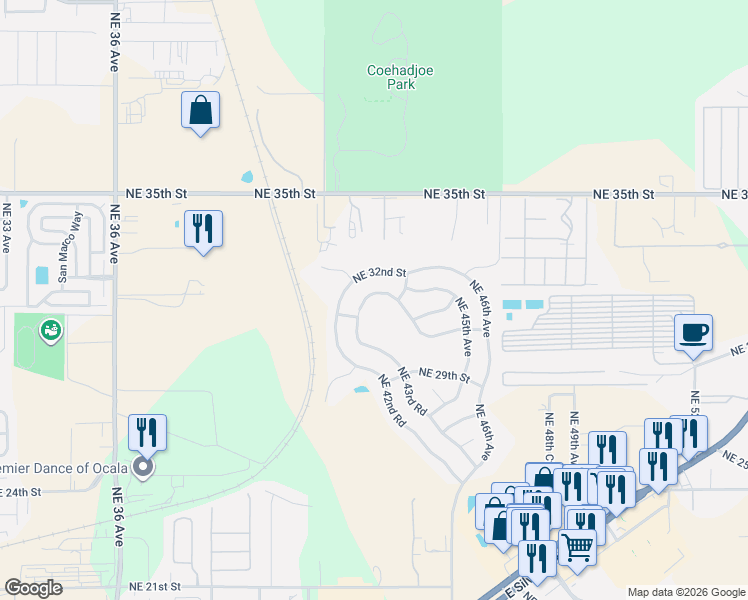 map of restaurants, bars, coffee shops, grocery stores, and more near 3096 Northeast 43rd Road in Ocala