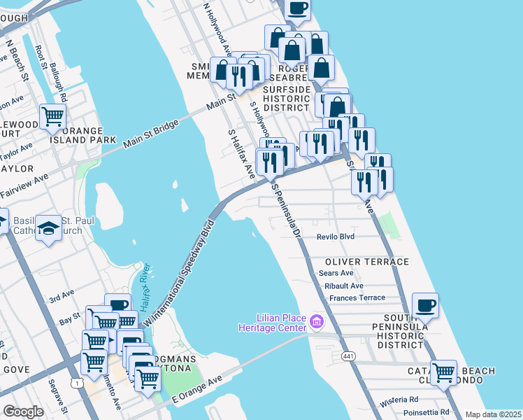 map of restaurants, bars, coffee shops, grocery stores, and more near 110 Braddock Avenue in Daytona Beach