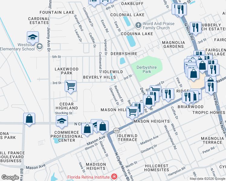 map of restaurants, bars, coffee shops, grocery stores, and more near 950 Glenwood Street in Daytona Beach