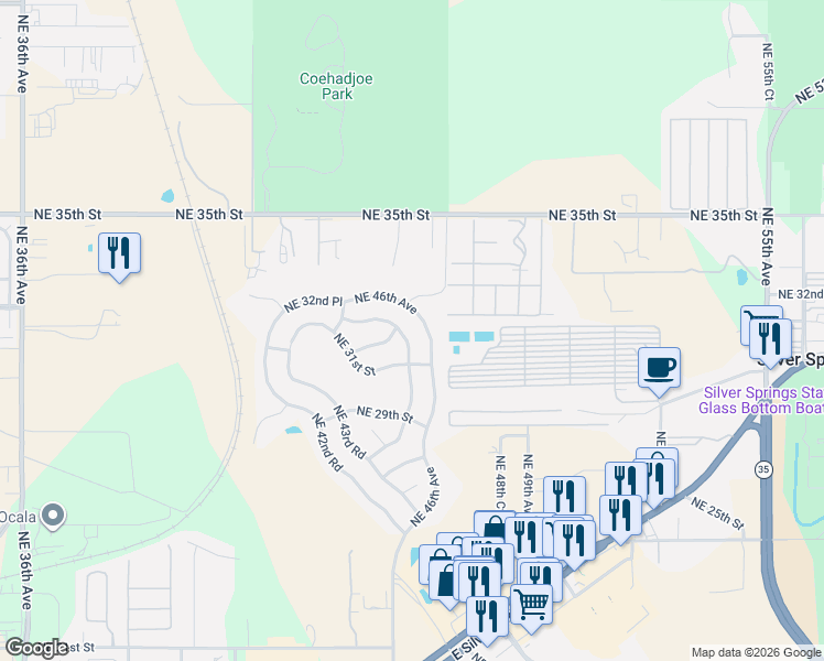 map of restaurants, bars, coffee shops, grocery stores, and more near NE 46th Ave in Ocala