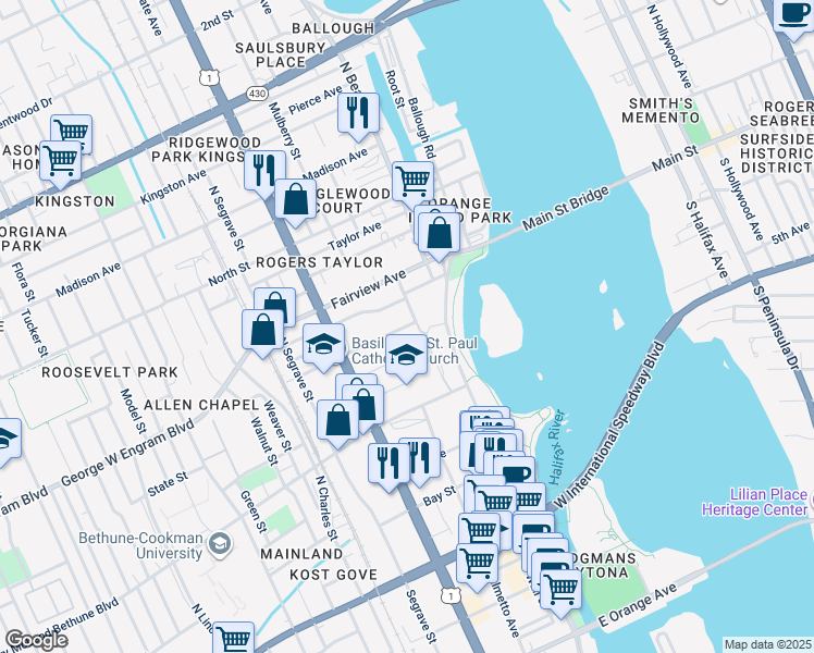 map of restaurants, bars, coffee shops, grocery stores, and more near 123 Mullally Street in Daytona Beach