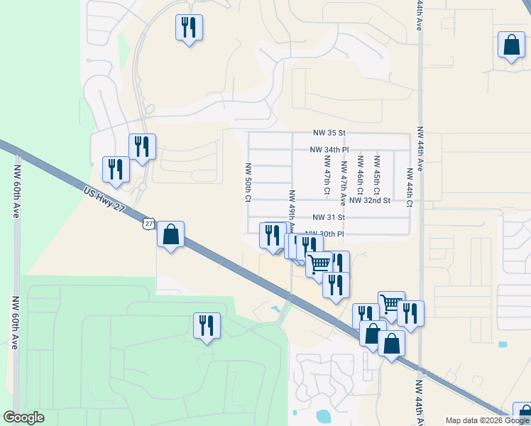map of restaurants, bars, coffee shops, grocery stores, and more near 4992 Northwest 31 Street in Ocala