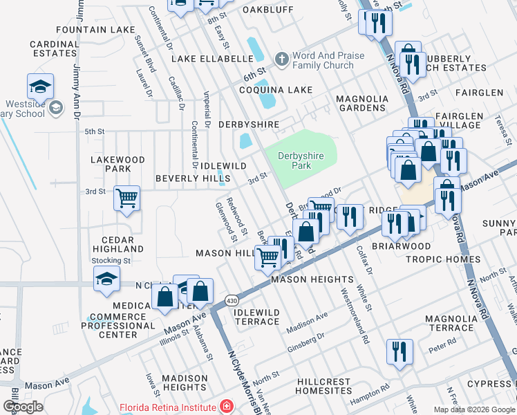map of restaurants, bars, coffee shops, grocery stores, and more near 905 Lewis Drive in Daytona Beach