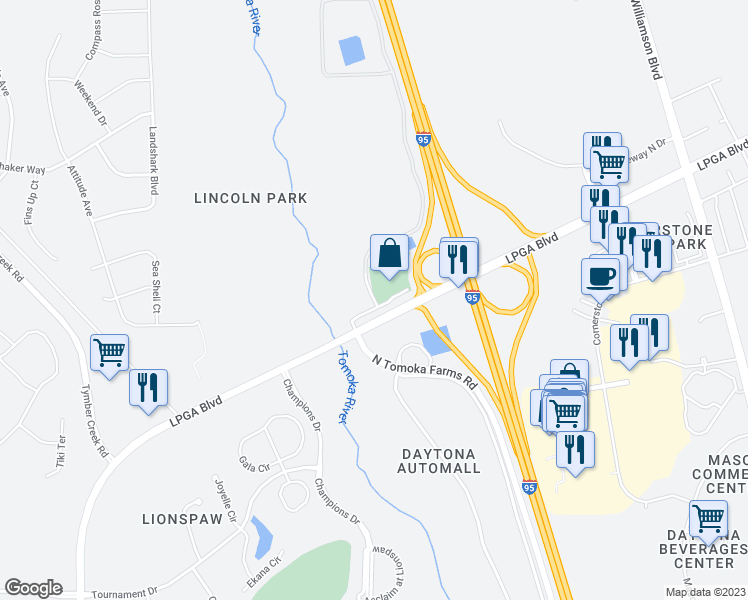 map of restaurants, bars, coffee shops, grocery stores, and more near 137 Automall Circle in Daytona Beach