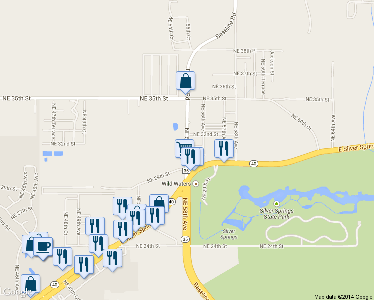 map of restaurants, bars, coffee shops, grocery stores, and more near 3065 Northeast 55th Avenue in Silver Springs