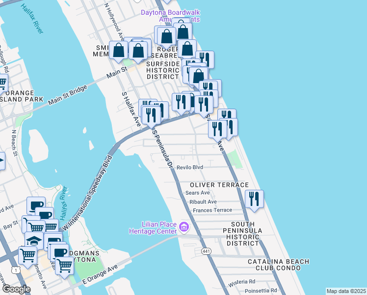 map of restaurants, bars, coffee shops, grocery stores, and more near 420 Goodall Avenue in Daytona Beach