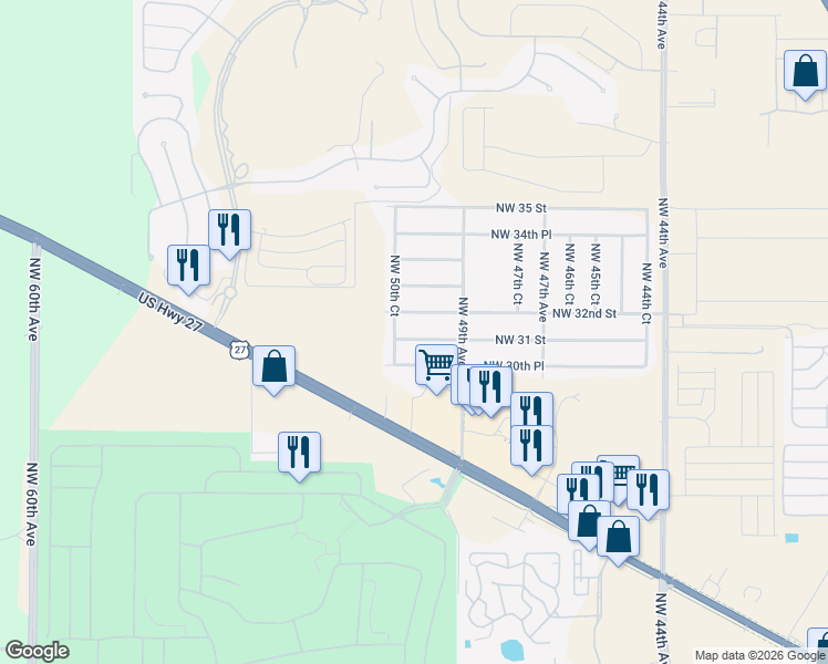 map of restaurants, bars, coffee shops, grocery stores, and more near 4992 Northwest 31 Street in Ocala
