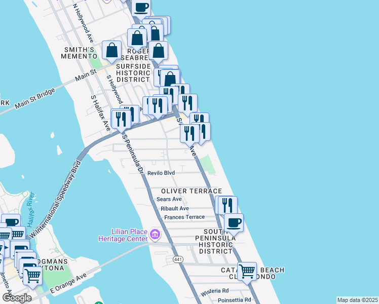map of restaurants, bars, coffee shops, grocery stores, and more near 600 South Atlantic Avenue in Daytona Beach