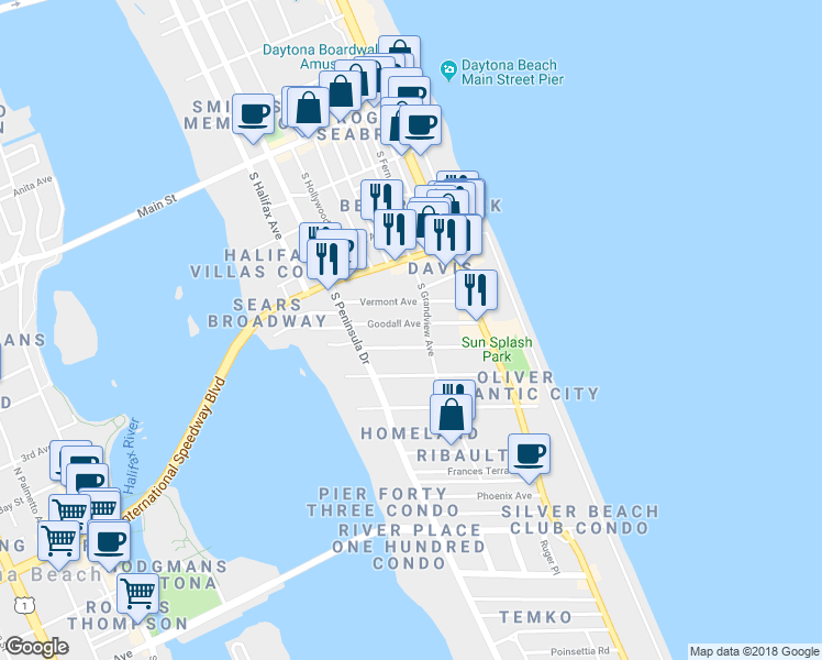 map of restaurants, bars, coffee shops, grocery stores, and more near 423 Braddock Avenue in Daytona Beach