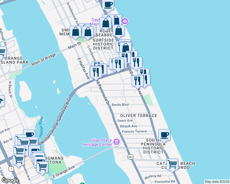 map of restaurants, bars, coffee shops, grocery stores, and more near 423 Braddock Avenue in Daytona Beach