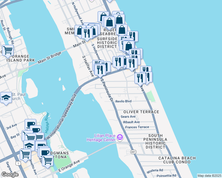 map of restaurants, bars, coffee shops, grocery stores, and more near 301 Braddock Avenue in Daytona Beach