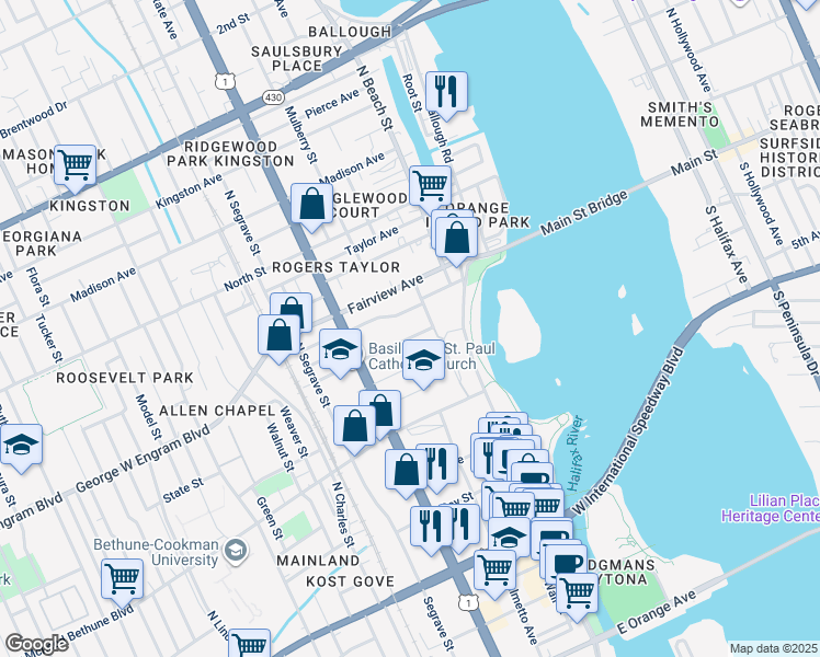 map of restaurants, bars, coffee shops, grocery stores, and more near 123 Mullally Street in Daytona Beach