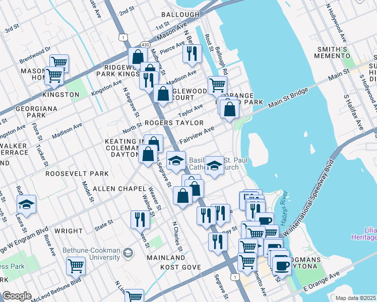 map of restaurants, bars, coffee shops, grocery stores, and more near in Daytona Beach