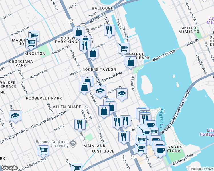 map of restaurants, bars, coffee shops, grocery stores, and more near in Daytona Beach