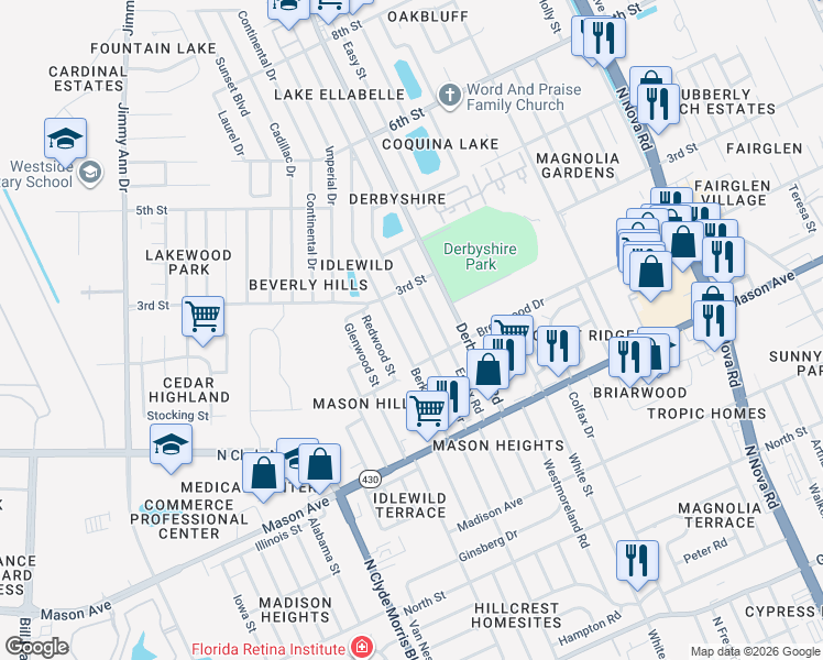map of restaurants, bars, coffee shops, grocery stores, and more near 905 Lewis Drive in Daytona Beach