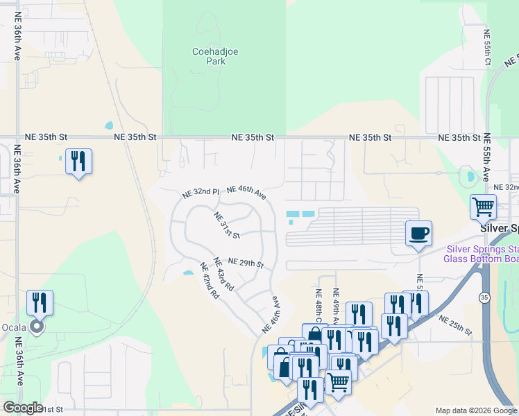 map of restaurants, bars, coffee shops, grocery stores, and more near 3087 Northeast 46th Avenue in Ocala
