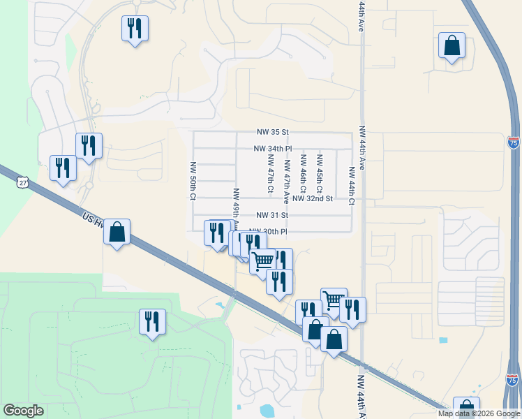 map of restaurants, bars, coffee shops, grocery stores, and more near 4806 Northwest 31 Street in Ocala