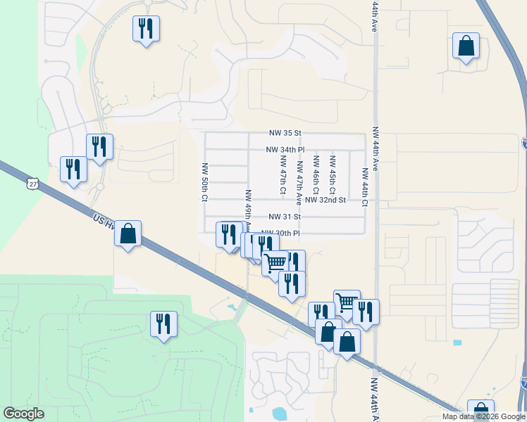 map of restaurants, bars, coffee shops, grocery stores, and more near 4806 Northwest 31 Street in Ocala