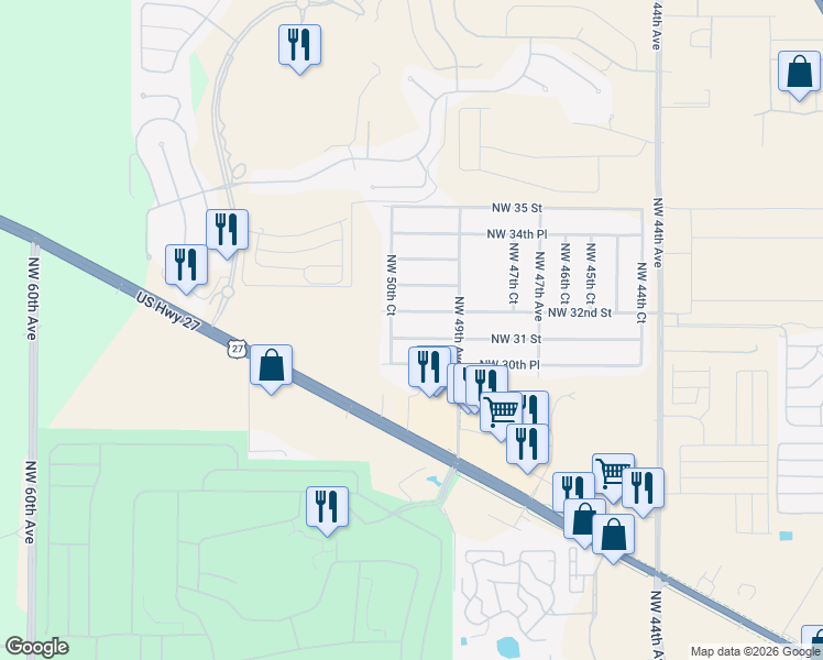 map of restaurants, bars, coffee shops, grocery stores, and more near 4992 Northwest 31 Street in Ocala