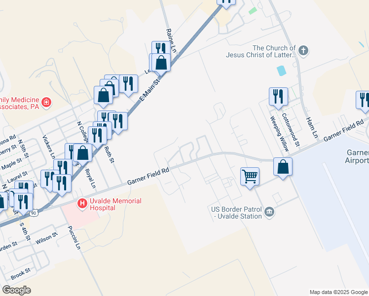 map of restaurants, bars, coffee shops, grocery stores, and more near 1518 Garner Field Road in Uvalde