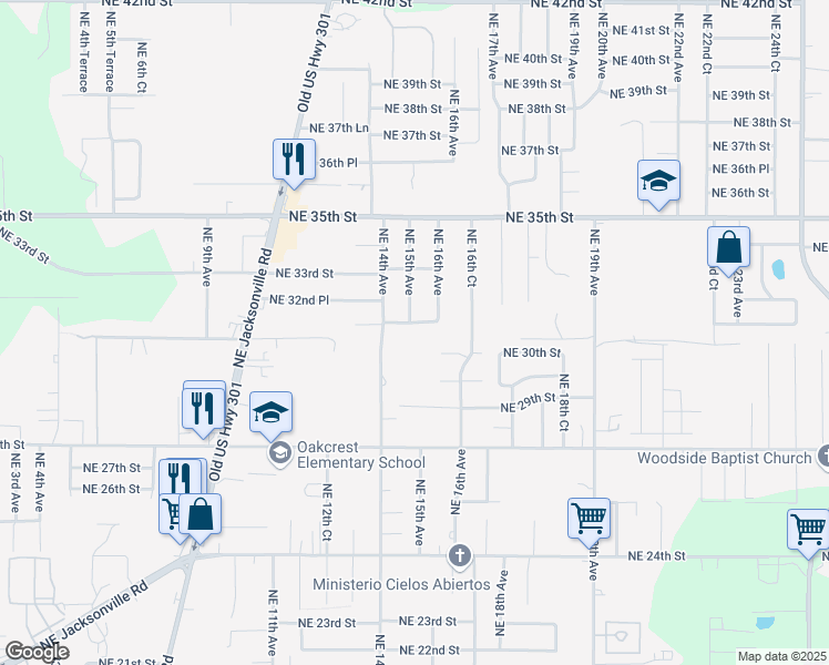 map of restaurants, bars, coffee shops, grocery stores, and more near 2947 Northeast 14th Avenue in Ocala