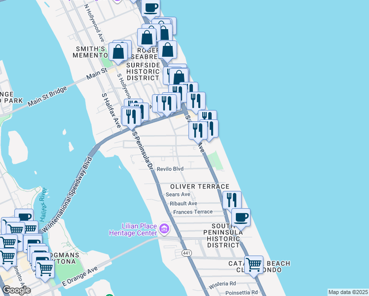 map of restaurants, bars, coffee shops, grocery stores, and more near 524 Goodall Avenue in Daytona Beach