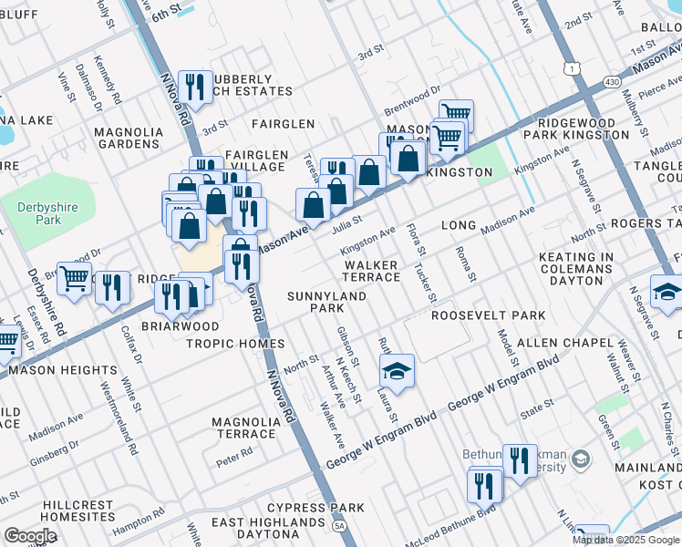 map of restaurants, bars, coffee shops, grocery stores, and more near 835 Madison Avenue in Daytona Beach