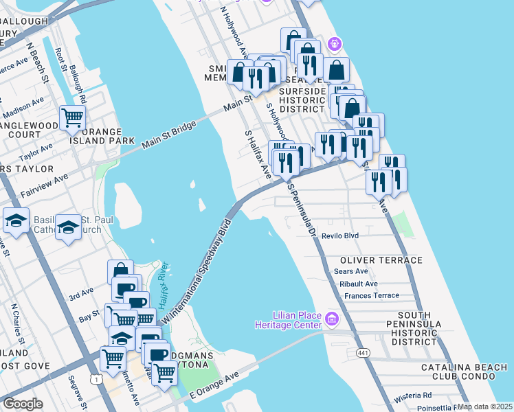 map of restaurants, bars, coffee shops, grocery stores, and more near 18 Goodall Avenue in Daytona Beach
