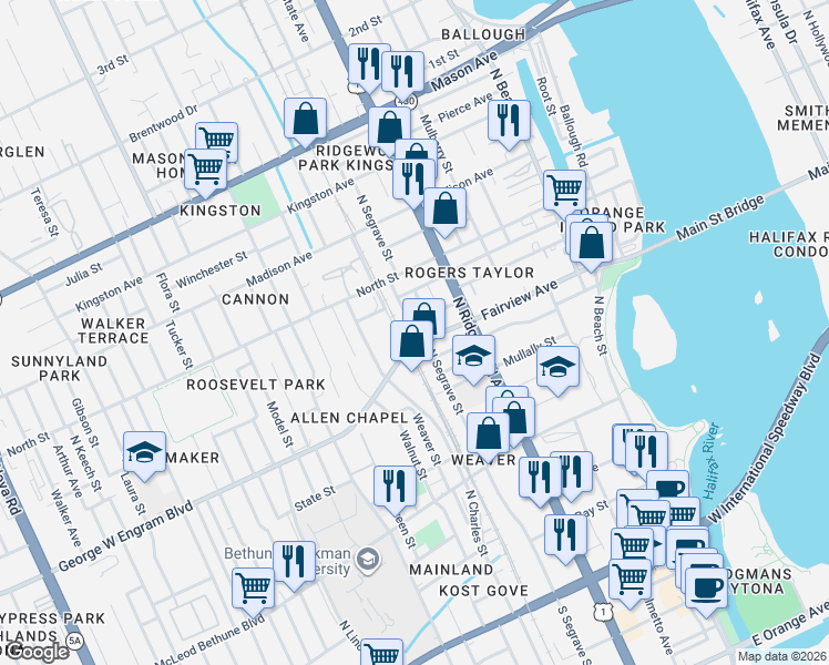 map of restaurants, bars, coffee shops, grocery stores, and more near 405 North Charles Street in Daytona Beach