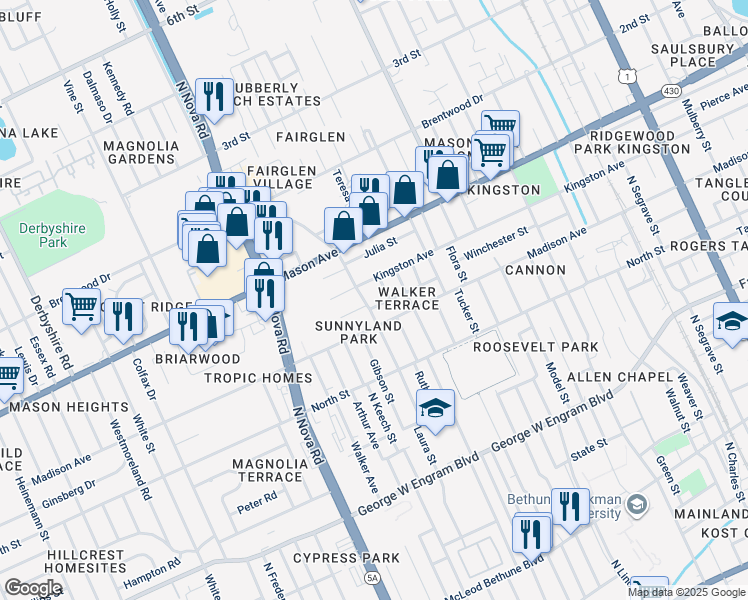 map of restaurants, bars, coffee shops, grocery stores, and more near 835 Madison Avenue in Daytona Beach