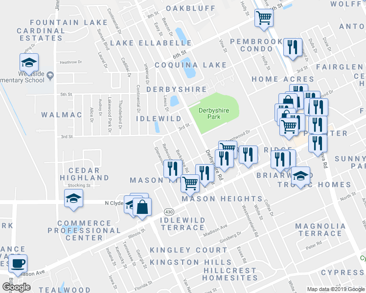 map of restaurants, bars, coffee shops, grocery stores, and more near 905 Lewis Drive in Daytona Beach