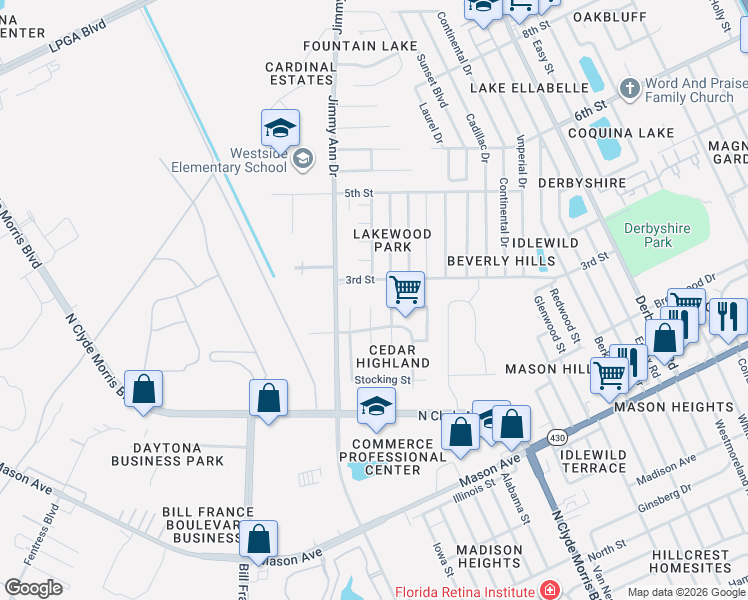 map of restaurants, bars, coffee shops, grocery stores, and more near 1066 North Gertrude Court in Daytona Beach