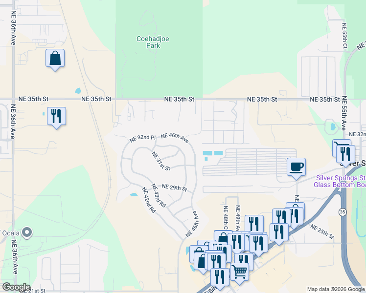 map of restaurants, bars, coffee shops, grocery stores, and more near 4570 Northeast 35th Street in Ocala