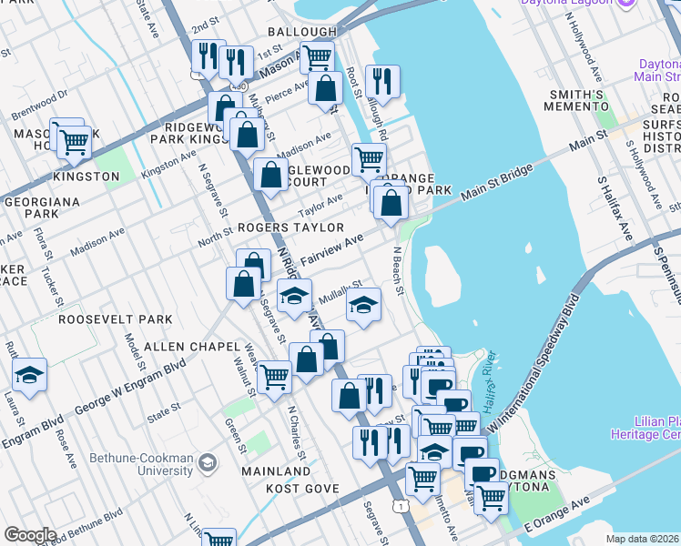 map of restaurants, bars, coffee shops, grocery stores, and more near 157 Fairview Avenue in Daytona Beach