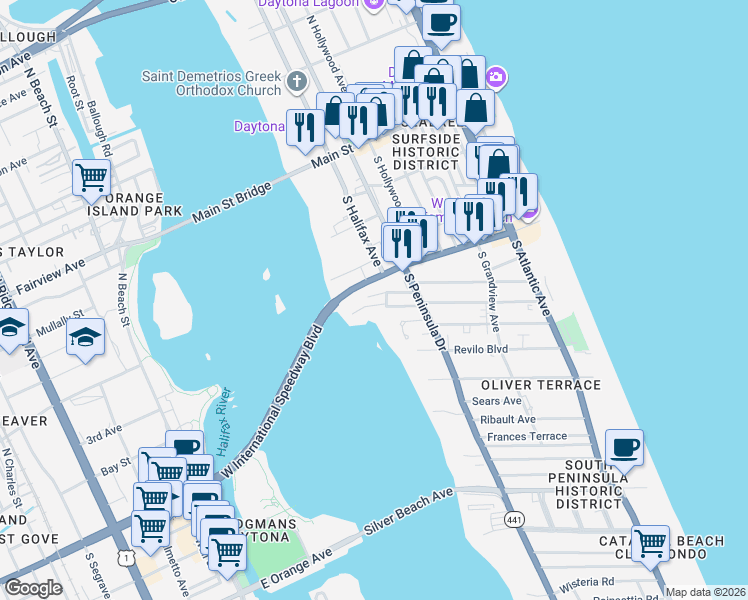 map of restaurants, bars, coffee shops, grocery stores, and more near 174 East International Speedway Boulevard in Daytona Beach