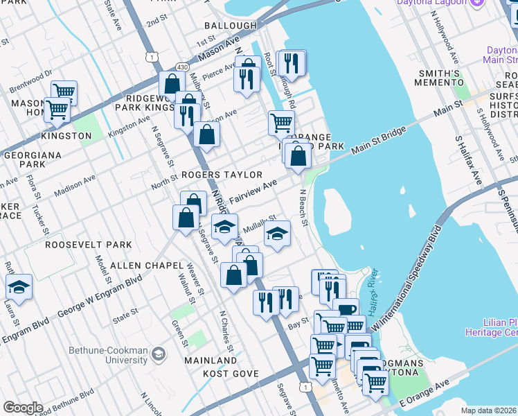 map of restaurants, bars, coffee shops, grocery stores, and more near 157 Fairview Avenue in Daytona Beach
