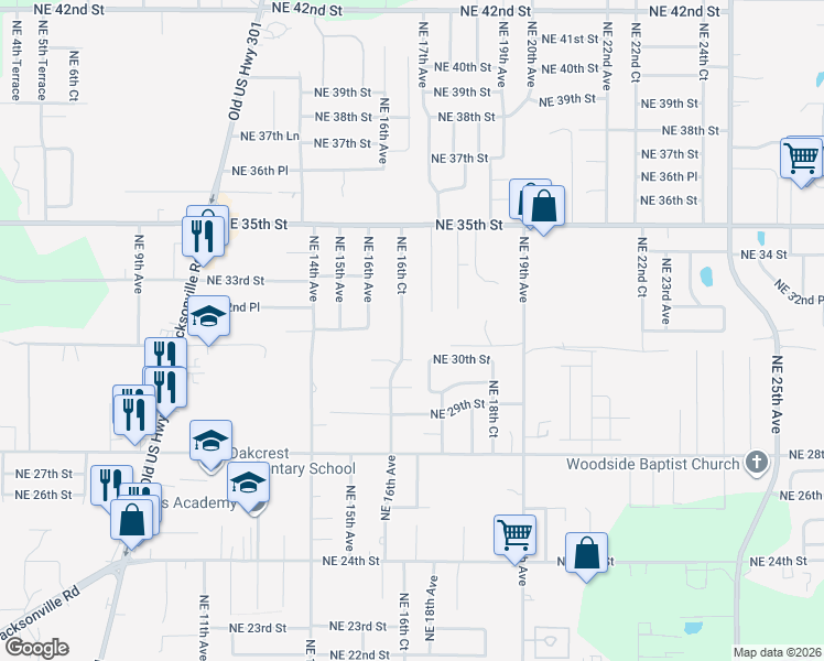 map of restaurants, bars, coffee shops, grocery stores, and more near 3229 Northeast 16th Court in Ocala
