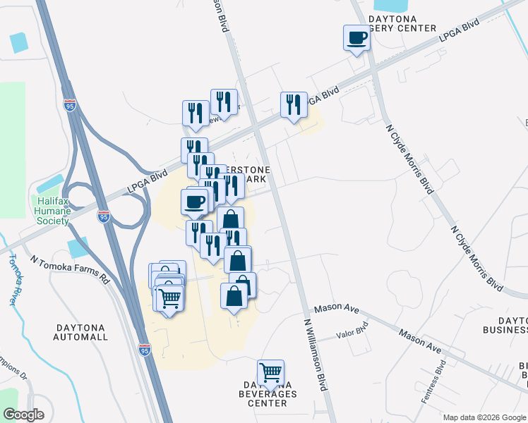 map of restaurants, bars, coffee shops, grocery stores, and more near 1585 Cornerstone Boulevard in Daytona Beach