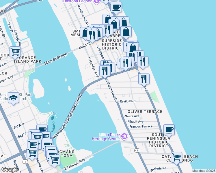 map of restaurants, bars, coffee shops, grocery stores, and more near 316 South Peninsula Drive in Daytona Beach